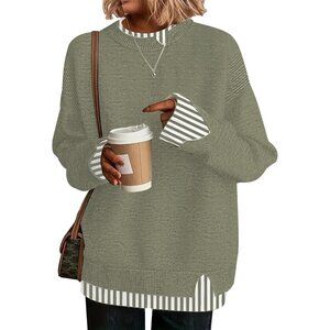 Women's Striped Green Cowgirl Chic Knit Cozy Outfit Long Sleeve Pullover Sweater